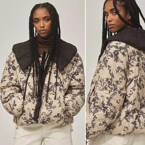 NWT Anthropologie‎ Peter Pan Collar Printed Puffer Coat Beige Floral XL $168